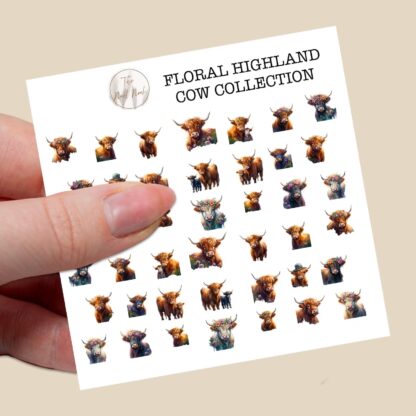 Floral Highland cow collection nail decals